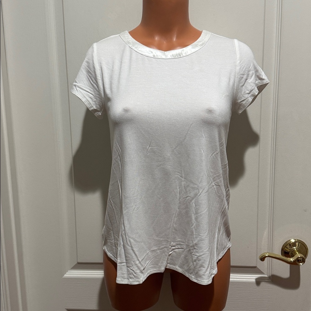 ALFANI Satin-Trim High-Low T-Shirt Ivory Off White PS SP Petite Small NWT $37